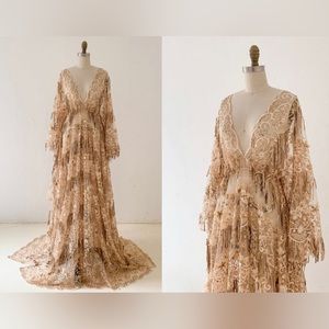 Boho handmade champagne sequin lace dress